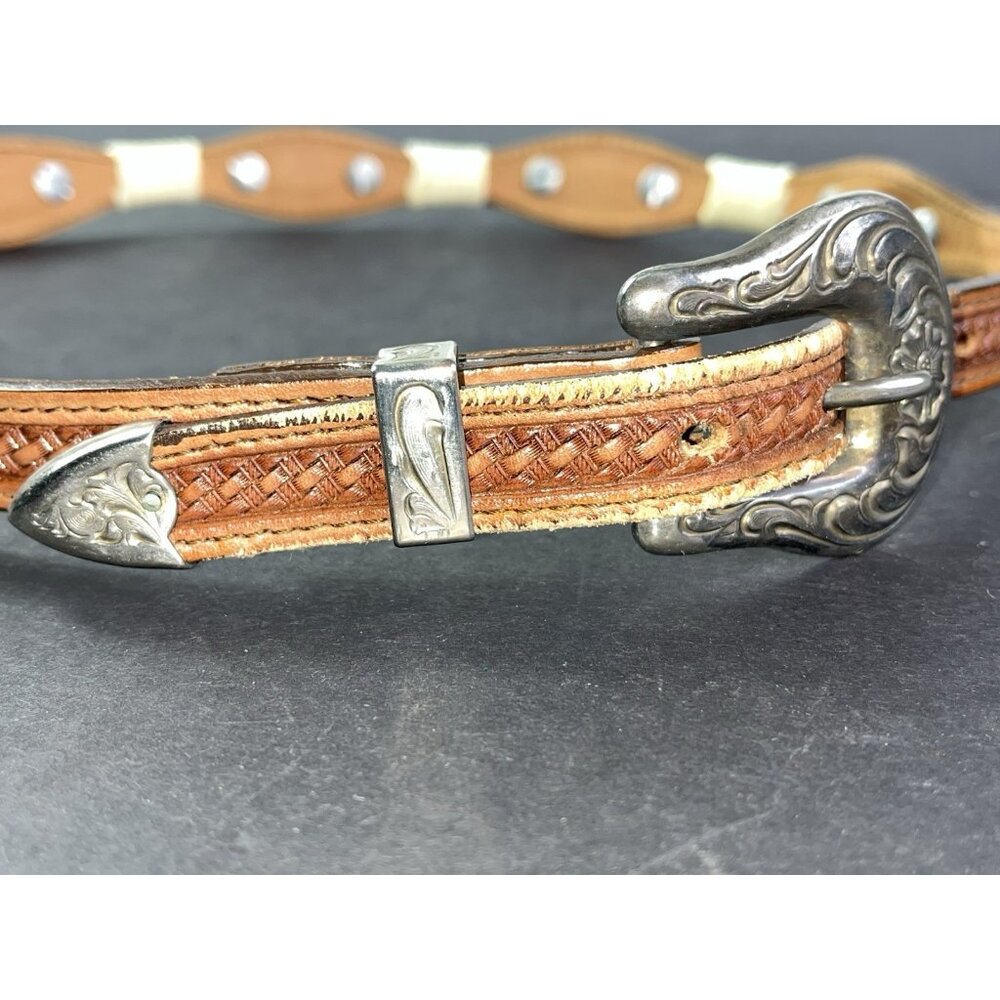 Vintage Mexican Leather Belt With Silver Decorative Buckle & Concho Sz 32 Alpaca - Picture 3 of 12